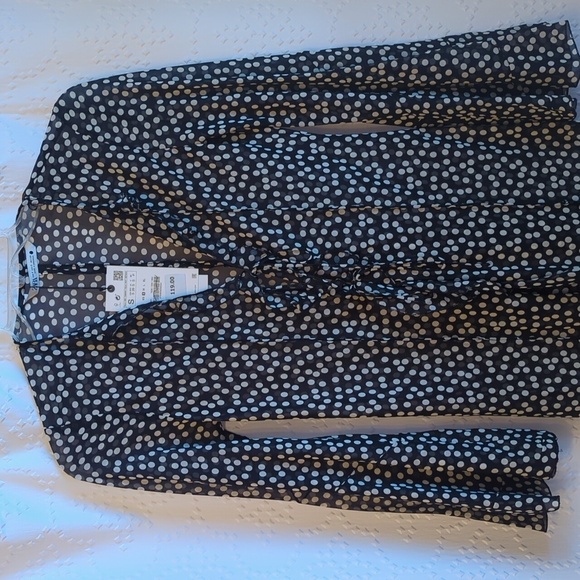 NWT Zara Black and White Polkadot Mesh Front Tie Ruffle Coverup Duster Dress S - Picture 5 of 7